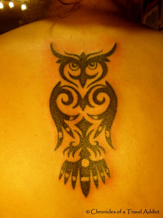 The final results of my traditional Iban owl tattoo, by Ernesto Kalum.